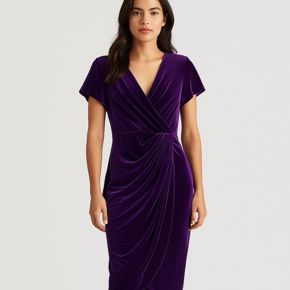 Lauren Ralph Lauren Purple Velvet Draped Evening Dress • Size 4 • Elegant V-Neck - Picture 1 of 10